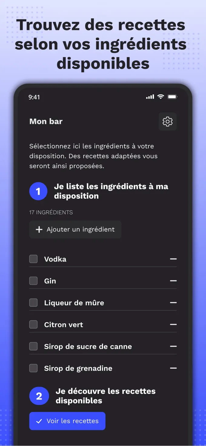 Écran de liste de recettes de l'application